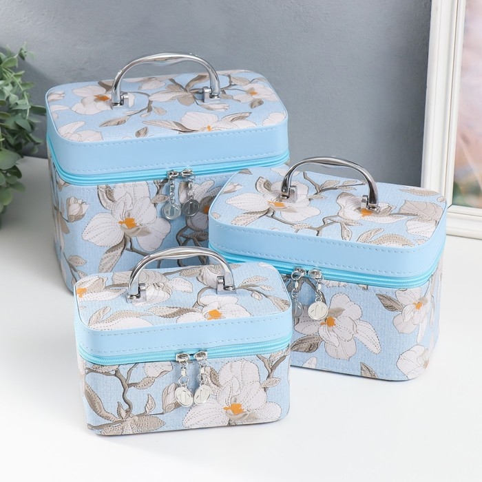 Шкатулка кожзам с зеркалом Шкатулка кожзам с зеркалом "Цветы. Голубой" набор 3 шт 18х10х12,5 21х13х15,5 23х15х18,5 см
