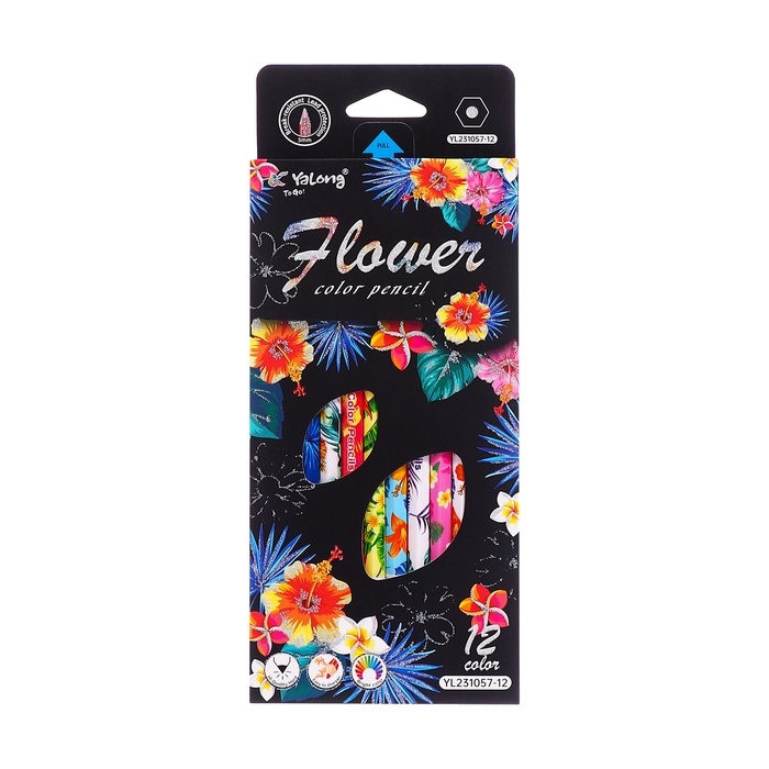 Карандаши 12 цветов в картонной коробке, шестигранные, деревянные,Цветы на чёрном МИКС