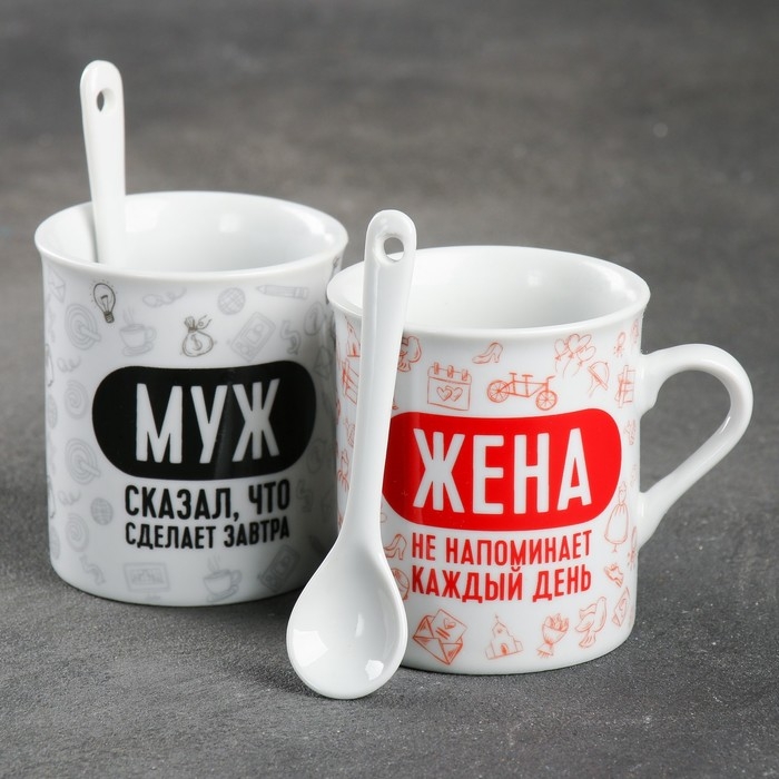 Набор керамический &laquo;Муж и жена&raquo;: кружка 140 мл 2 шт., ложка 2 шт., цвет белый