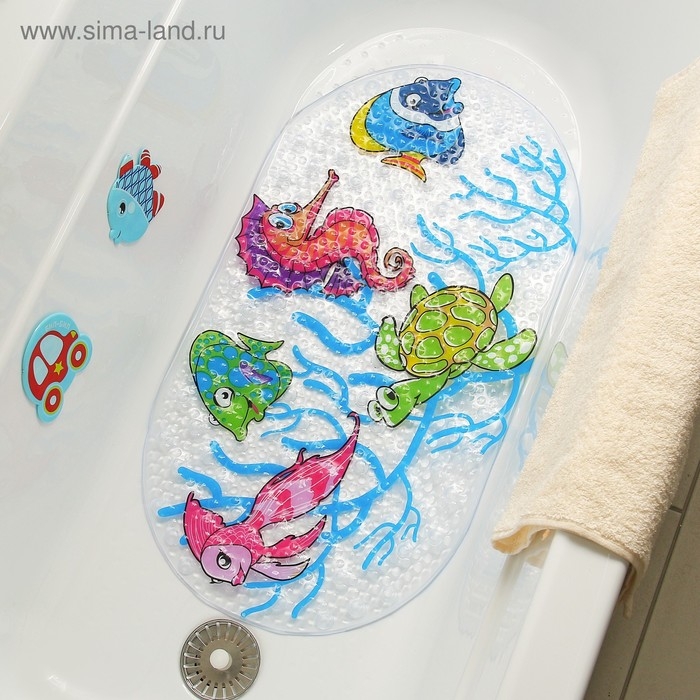 Коврик противоскользящий в ванну на присосках Доляна «Морские жители», 36×68 см Коврик противоскользящий в ванну на присосках Доляна «Морские жители», 36×68 см