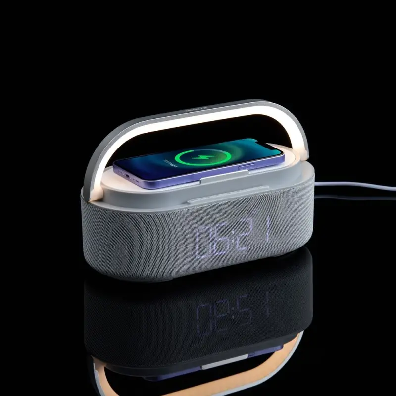 Колонка с часами и беспроводной зарядкой Veske ver.2, серая