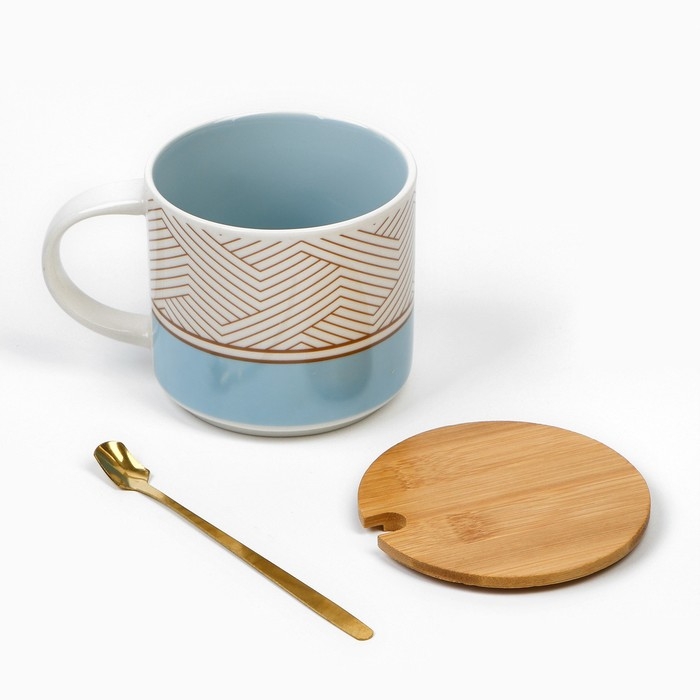 Кружка керамическая с крышкой и ложкой &laquo;Геометрия&raquo;, 470 мл, цвет бежевый