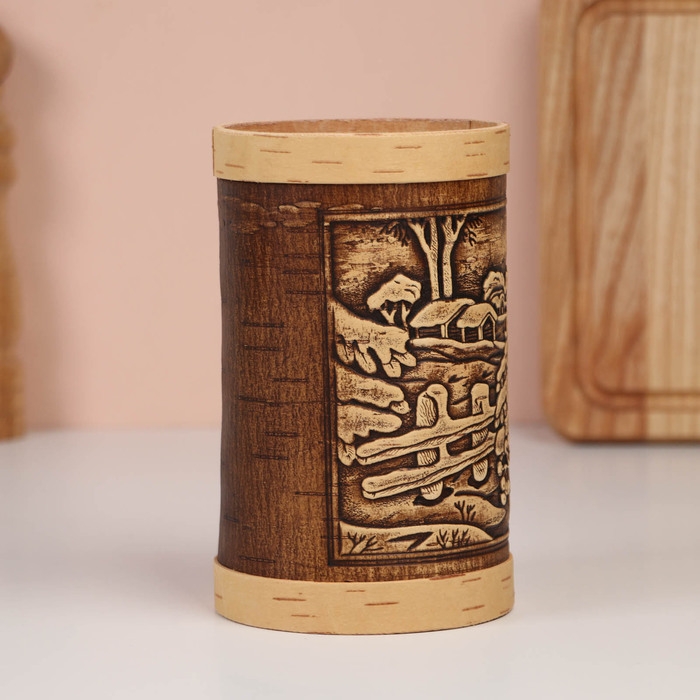 Туес "Зимняя деревня", 9,5х10,5 см, 1 л, береста