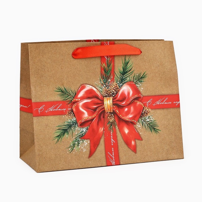 Пакет подарочный новогодний крафтовый вертикальный &laquo;С Новым годом&raquo;, бант, MS 18 х 23 х 10 см, Новый год