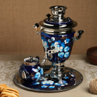 Набор &laquo;Жостово на синем&raquo;, рюмка, 3 предмета, самовар 3 л, заварочный чайник 0,7 л, поднос