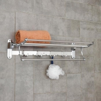 Полка откидная с держателем полотенец, 4 двойных крючка, 59,5&times;26&times;14 см, цвет хром