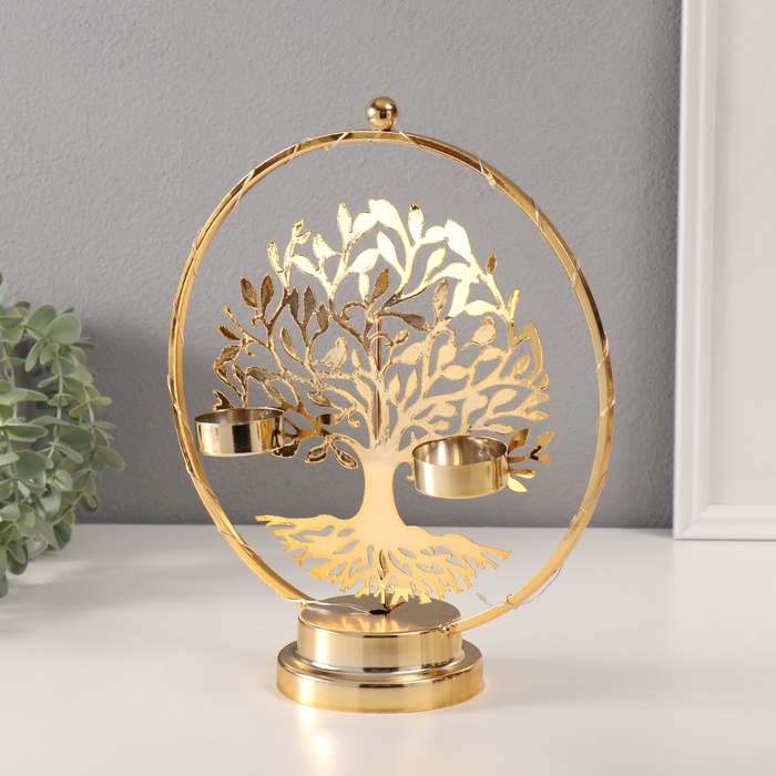 Подсвечник на 2 свечи "Дерево с птичками" с подсветкой, d-3,5 см 9,5х23,5х27 см