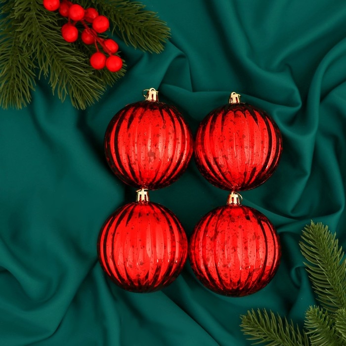 Набор шаров пластик d-8 см, 4 шт "Винтаж" полосы, красный