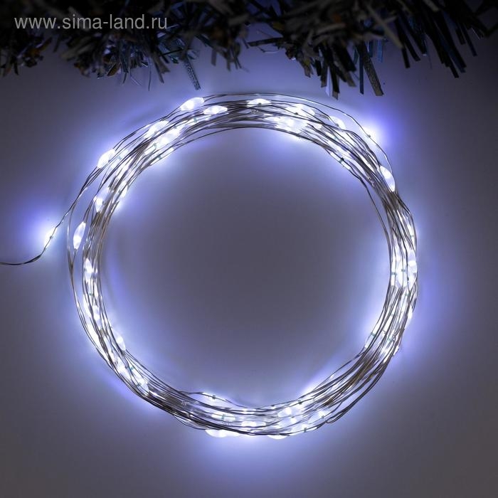 Гирлянда &laquo;Нить&raquo; 5 м роса, IP20, серебристая нить, 100 LED, 2 режима, батарейки AAх3 (нет в комплекте), свечение белое