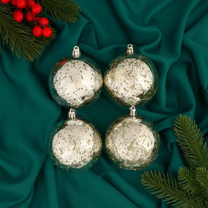 Набор шаров пластик d-8 см, 4 шт "Винтаж" серебро