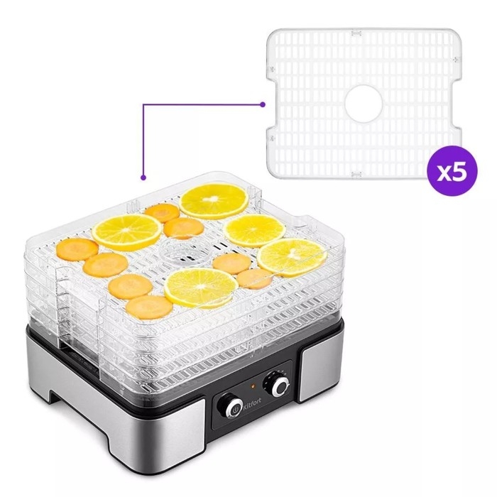 Сушилка для овощей и фруктов Kitfort КТ-1958, 450 Вт, 5 ярусов, таймер, серебристо-чёрная Сушилка для овощей и фруктов Kitfort КТ-1958, 450 Вт, 5 ярусов, таймер, серебристо-чёрная