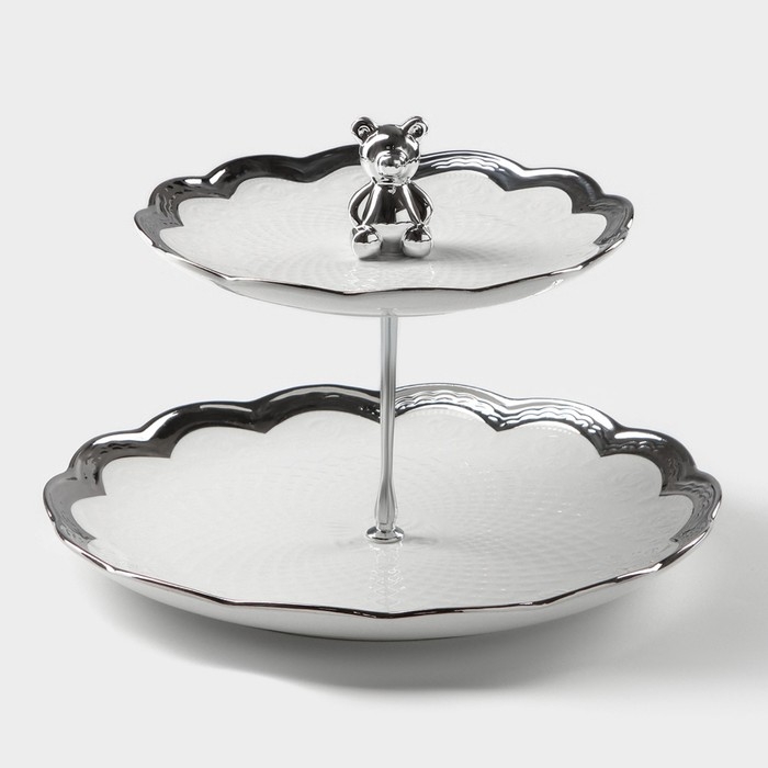 Этажерка - фруктовница круглая &laquo;Стильный мишка&raquo;, 2 яруса, d=18,5/26 см, керамика, цвет белый