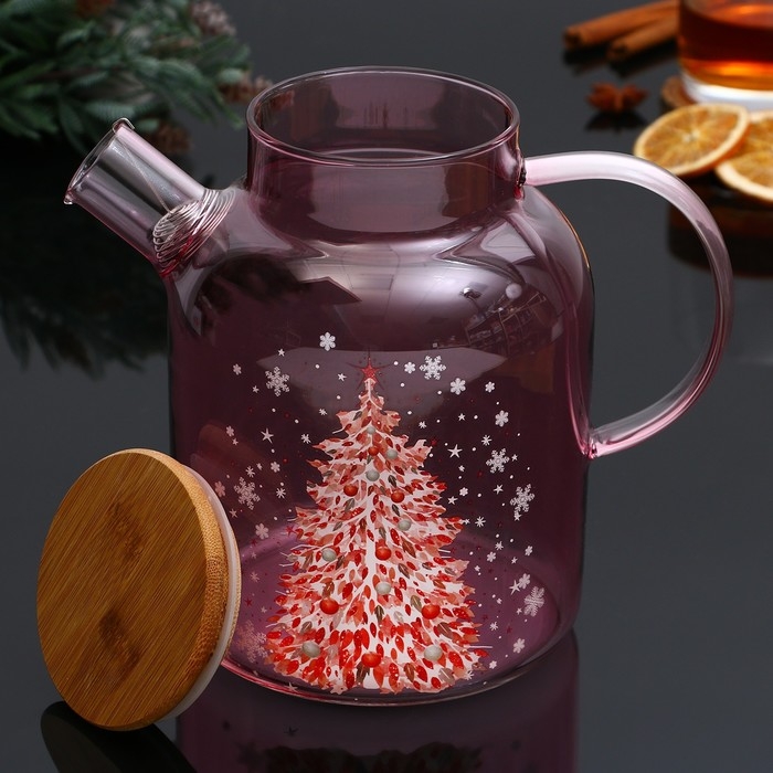 Новый год. Чайник заварочный стеклянный с бамбуковой крышкой &laquo;Розовая сказка&raquo;, 1700 мл