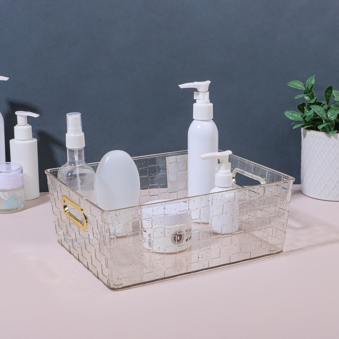 Органайзер для хранения «SHINE», с ручками, 1 секция, 25 × 19,5 × 9,5 см, цвет прозрачный/золотистый Органайзер для хранения «SHINE», с ручками, 1 секция, 25 × 19,5 × 9,5 см, цвет прозрачный/золотистый