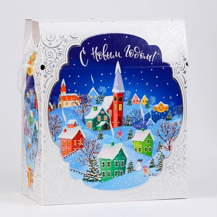 Новый год. Коробка подарочная новогодняя "Городок" 21,5 х 25,6 х 11 см.