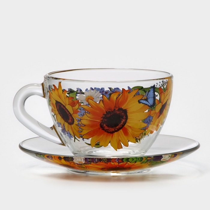 Чайная пара &laquo;Подсолнух&raquo;,стеклянная, чашка+блюдце, 200 мл, d=92 мм