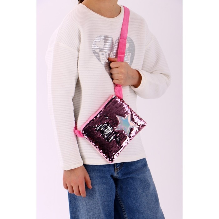 Сумка детская для девочки с пайетками "Звёздочка", на молнии, цвет розовый, 17,5х0,5х14,5 см