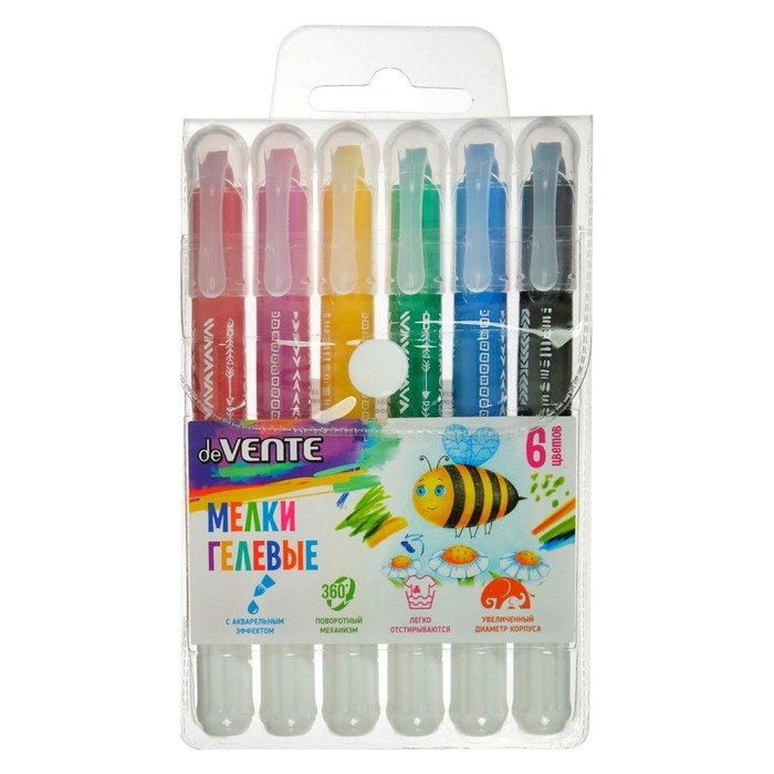 Мелки гелевые 6 цветов deVENTE, супермягкие, с акварельным эффектом, пластиковый корпус с поворотным механизмом, в блистере Мелки гелевые 6 цветов deVENTE, супермягкие, с акварельным эффектом, пластиковый корпус с поворотным механизмом, в блистере
