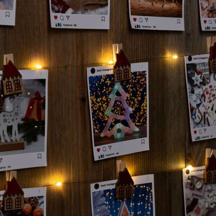 Гирлянда &laquo;Нить&raquo; 2 м роса с насадками &laquo;Прищепки-домики&raquo;, IP20, серебристая нить, 20 LED, батарейки ААх2 (не в комплекте), свечение тёплое белое