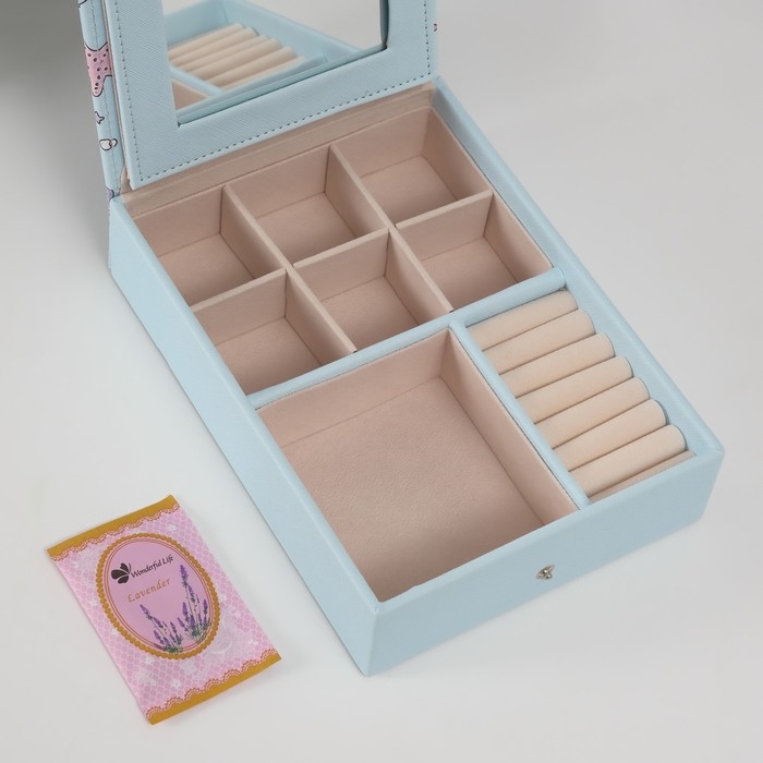 Шкатулка кожзам для украшений с зеркалом "Панда и ракушки" голубая 15х21,5х5,5 см