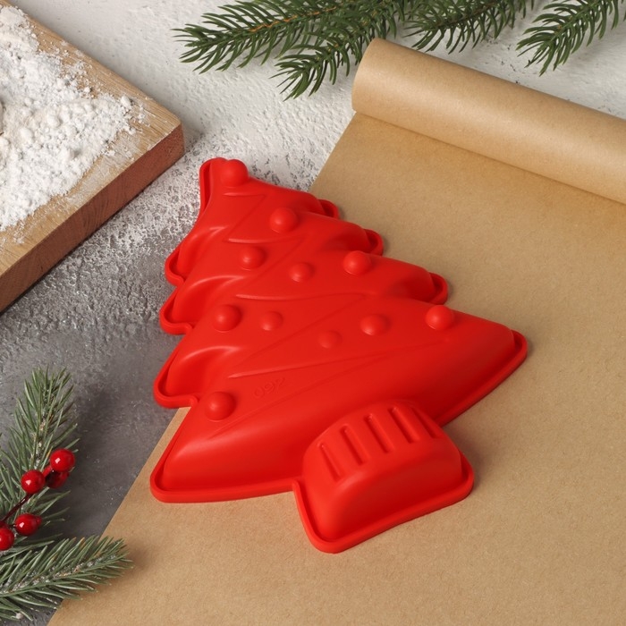 Форма для выпечки новогодняя Доляна &laquo;Ёлочка с гирляндой&raquo;, силикон, 18&times;14,5&times;3,5 см, цвет красный