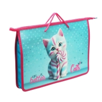 Папка с ручками А4, 340 х 245 х 45 мм, пластиковая, ручки-шнурок, Оникс ПТ-15 "Котик Карамелька"