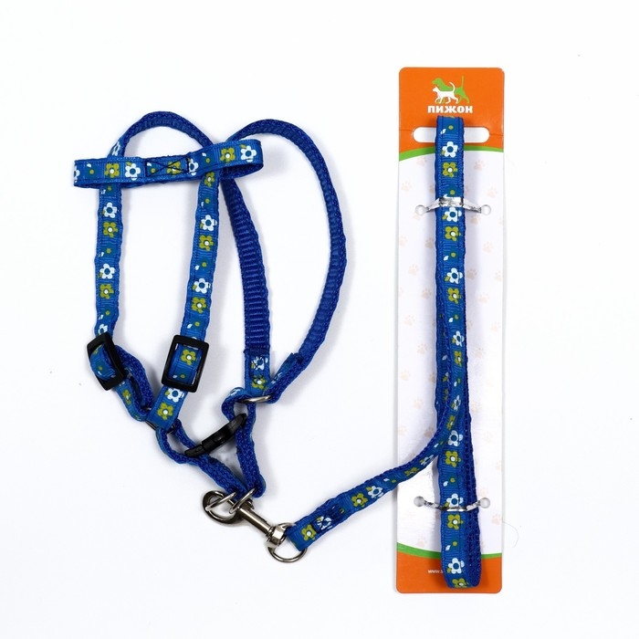 Комплект прошитый Комплект прошитый "Цветы", поводок 120 х 1 см, ОГ 23-35 см, тёмно-синий