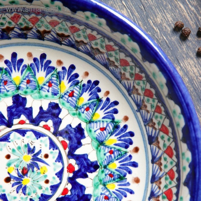 Тарелка Риштанская Керамика "Узоры", синяя, глубокая, 20 см