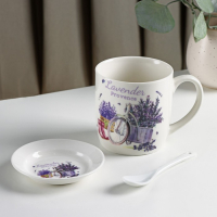 Кружка керамическая с ложкой на подставке «Лаванда», 330 мл, рисунок МИКС Кружка керамическая с ложкой на подставке «Лаванда», 330 мл, рисунок МИКС