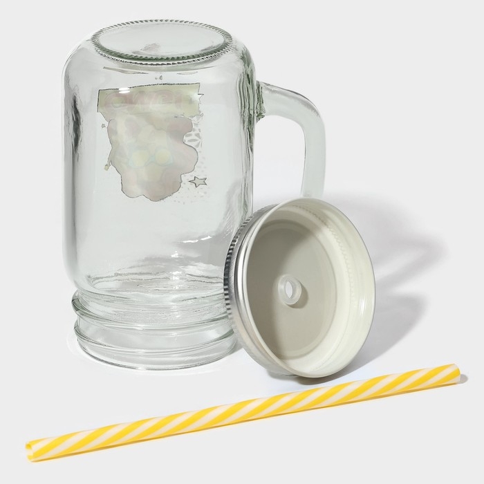 Кружка стеклянная с крышкой и трубочкой Доляна &laquo;Комикс&raquo;, 450 мл, 10&times;7,5&times;13 см