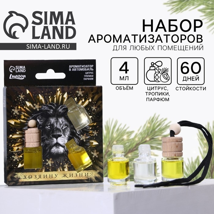 Ароматизаторы в машину новогодние &laquo;Хозяину жизни&raquo; на Новый год, цитрус, тропики, парфюм (набор 3 шт)