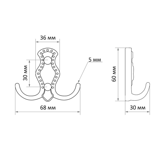 Крючок мебельный ТУНДРА TKD023, двухрожковый, хром Крючок мебельный ТУНДРА TKD023, двухрожковый, хром