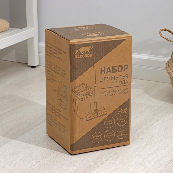 Швабра с отжимом и ведро Raccoon: ведро с отсеками, швабра плоская, 2 кармана, 32&times;12&times;142 см, дополнительная насадка из микрофибры