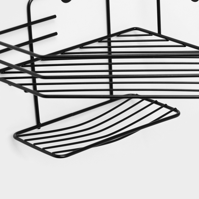 Полка угловая для ванной, настенная, 1 ярус, с мыльницей, 27,5×20×15,5 см, цвет чёрный Полка угловая для ванной, настенная, 1 ярус, с мыльницей, 27,5×20×15,5 см, цвет чёрный