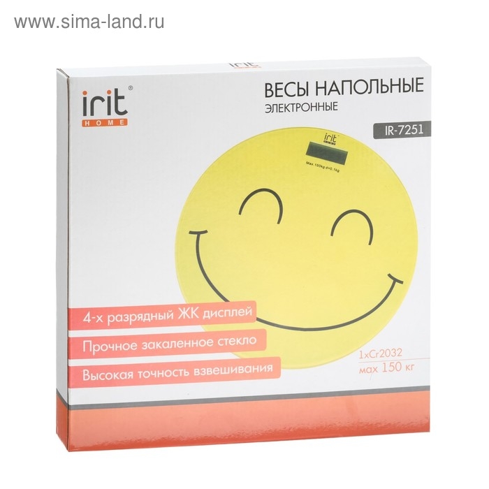 Весы напольные Irit IR-7251, электронные, до 150 кг, стекло, 1хCR2032, рисунок Весы напольные Irit IR-7251, электронные, до 150 кг, стекло, 1хCR2032, рисунок "смайлик"