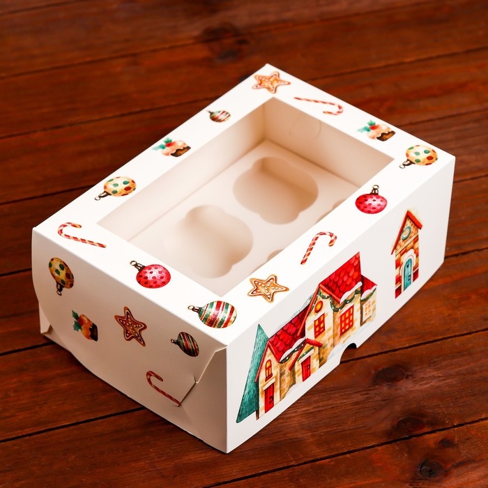 Новый год. Коробка для 6 капкейков с окном "Рождественский домик", 25 х 17 х 10 см, упаковка