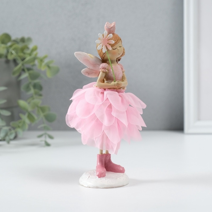 Сувенир полистоун "Девочка фея в розовом цветочном платье с палочкой" 9х9х17 см