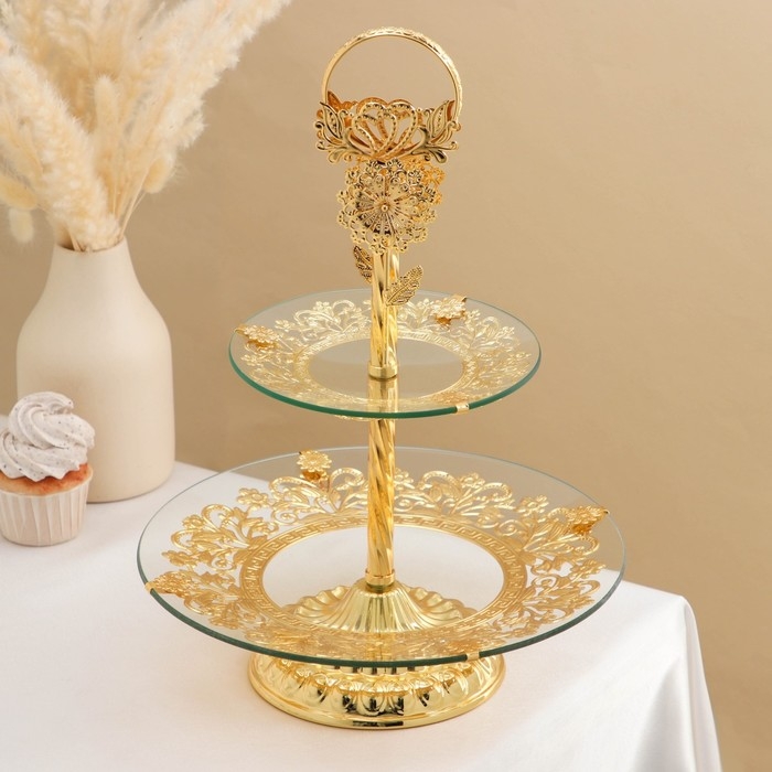 Этажерка 2-х ярусная «Расцвет», 28×41 см, цвет металла золотой Этажерка 2-х ярусная «Расцвет», 28×41 см, цвет металла золотой