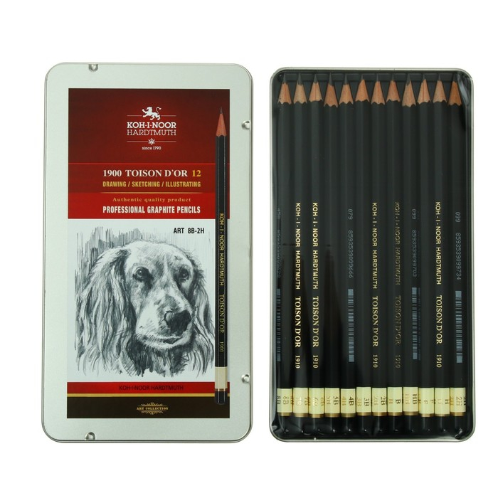 Набор карандашей чернографитных разной твердости 12 штук Koh-i-Noor 1912, 8B-2H, утолщённые, в металлическом пенале Набор карандашей чернографитных разной твердости 12 штук Koh-i-Noor 1912, 8B-2H, утолщённые, в металлическом пенале