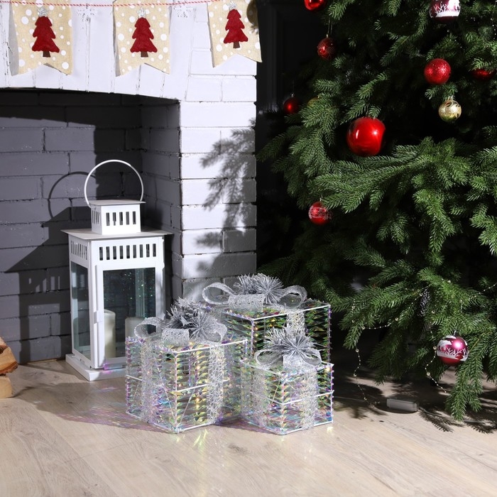 Светодиодная фигура &laquo;Блестящие подарки&raquo; 15, 20, 25 см, текстиль, металл, 220 В, свечение тёплое белое