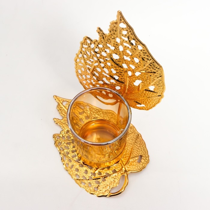 Подсвечник металл, стекло на 1 свечу Подсвечник металл, стекло на 1 свечу "Золотые листики" d-5 см 8х12х16,5 см