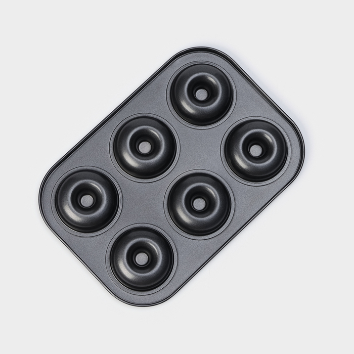Форма для выпечки Доляна «Пончики», 26,5×17 см, 6 ячеек, антипригарное покрытие, цвет чёрный Форма для выпечки Доляна «Пончики», 26,5×17 см, 6 ячеек, антипригарное покрытие, цвет чёрный