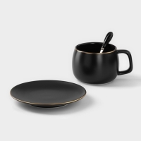 Чайная пара керамическая с ложкой &laquo;Мати&raquo;, 2 предмета: чашка 280 мл, блюдце d=13,5 см, цвет чёрный