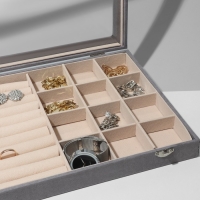 Подставка для украшений &laquo;Шкатулка&raquo; 10 рядов, 12 ячеек, флок, 35&times;24&times;4,5, стеклянная крышка, цвет серо-бежевый