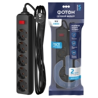 Сетевой фильтр "ФОТОН" SP 10-25ES, 2 м, 5 розеток, 10 А, с выкл, с з/к, черный