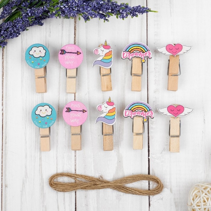 Прищепки декоративные с веревкой для подвеса «Вдохновение» набор 10 шт. Прищепки декоративные с веревкой для подвеса «Вдохновение» набор 10 шт.