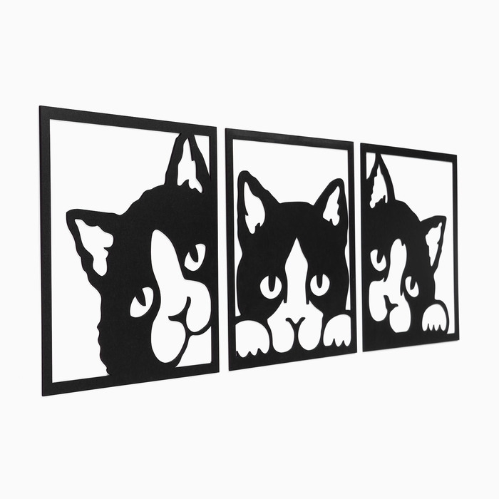 Декорация настенная для интерьера, панно на стену из дерева Декорация настенная для интерьера, панно на стену из дерева "Кошки", 3 модуля 34 х 34 см