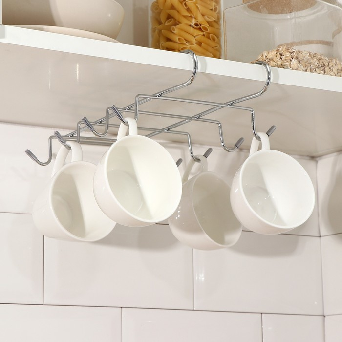 Держатель для кружек подвесной на 8 предметов Доляна, 27,5×20×7,5 см, на толщину полки 3,5 см, цвет хром Держатель для кружек подвесной на 8 предметов Доляна, 27,5×20×7,5 см, на толщину полки 3,5 см, цвет хром