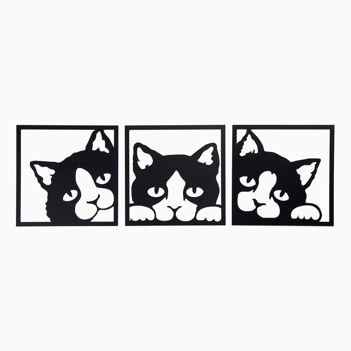 Декорация настенная для интерьера, панно на стену из дерева Декорация настенная для интерьера, панно на стену из дерева "Кошки", 3 модуля 34 х 34 см