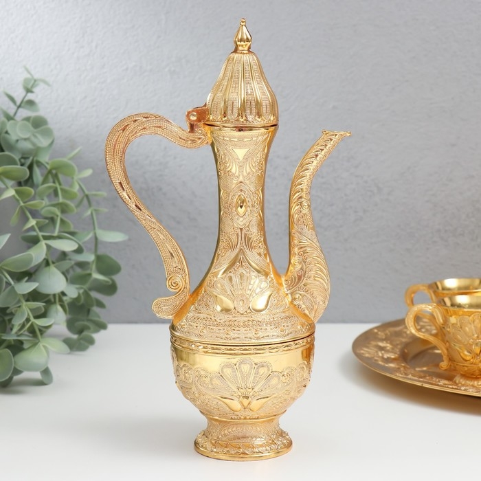 Набор винный кувшин, 6 бокалов и поднос "Стамбул. Медальон и узоры" золото